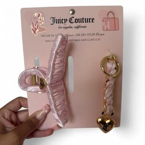 NWT Y2K Juicy Couture Pink and gold satin style Claw clip and purse charm set!